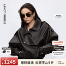 朗姿设计感时尚环保皮衣女纯色复古重工夹克外套冬季新款 深咖色 S