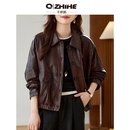 Q ZHIHE品牌高级感真皮皮衣女2026秋季新款油蜡绵羊皮流行夹克短外套女 美拉德巧克力 M 建议90-120斤