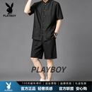 花花公子（PLAYBOY）夏季短袖香云纱唐装男复古风中国风男装中式套装桑蚕丝真丝复古风 上衣+五分裤套装 M 90-110斤