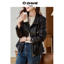 Q ZHIHE品牌皮衣短外套女2026秋季新款年轻款绵羊皮夹克真皮机车服修身 雅黑色 M 建议120-130斤