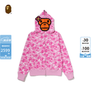 BAPE女装26年春夏BABY LISA卡通小猴迷彩拉链鲨鱼连帽卫衣X01152Q 粉红色PKX S