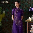 名兰世家重工刺绣连衣裙喜婆婆礼服女夏高端大气上档次 紫色68 XL