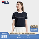 FILA 斐乐官方女子编织衫2026夏季新款简约基础短袖上衣撞色短装 藏烟蓝-DB 2XL 180/96A/XXL