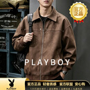 花花公子（PLAYBOY）美式复古做旧外套男士秋冬季宽松翻领夹克休闲上衣男装美式痞帅- 棕色【高定面料】 S