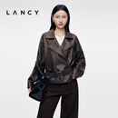 LANCY【羊皮】LANCY/朗姿2026年秋季新款时尚大翻领收腰皮衣短款外套女 深咖色 L