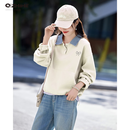 Q ZHIHE衬衫领假两件卫衣女2026秋新款落肩袖拼接翻领宽松小个子休闲上衣 米色 S