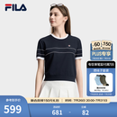 FILA 斐乐官方女子编织衫2026夏季新款简约基础短袖上衣撞色短装 藏烟蓝-DB 2XL 180/96A/XXL