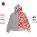 BAPE女装26年秋冬钻饰迷彩拼接鲨鱼连帽卫衣开衫外套305152R 灰色GYX M
