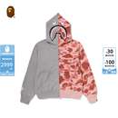 BAPE女装26年秋冬钻饰迷彩拼接鲨鱼连帽卫衣开衫外套305152R 灰色GYX M