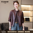 Q ZHIHE品牌真皮皮衣女短款2026新款秋季时尚休闲气质立领绵羊皮夹克外套 红棕色 M 90-120斤