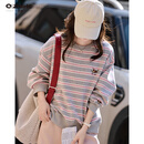Q ZHIHE撞色条纹刺绣小狗卫衣女秋季新款圆领套头衫百搭宽松休闲上衣女装 灰粉条纹 S