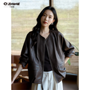 Q ZHIHE美式复古皮衣外套女26秋季新款时尚宽松机车服电影感PU皮夹克上衣 茶褐栗.【外套】 S