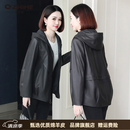 Q ZHIHE品牌真皮皮衣女2026秋季新款休闲宽松连帽头层绵羊皮夹克外套短款 黑色 M 推荐体重105斤内