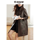 Q ZHIHE品牌拼花真皮皮衣外套女2026秋季新款绵羊皮中长款风衣高级感休闲 罗马棕 L 建议80-110斤