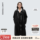 朗姿翻领长款修身双排扣仿皮衣复古摩登通勤外套新款冬衣女 夜幕黑色 S