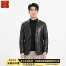 中囿海宁100%牛皮真皮皮衣中年男士秋冬薄款西服领商务休闲皮夹克外套 原创正品【黑色】 2XL 推荐135一150斤