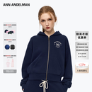 ANN ANDELMAN胶囊系列复古运动休闲拉链连帽卫衣短款宽松开衫外套 藏蓝色 M