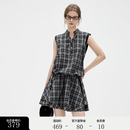 ELLE复古格纹无袖花苞连衣裙女2026夏季新款高级感拼接a字短裙子 灰格 M