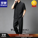 罗蒙中国风男装中式短袖衬衫男士唐装衬衣汉服外套男中山装香云纱古装 黑色 L