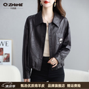 Q ZHIHE品牌真皮皮衣女2026秋季新款宽松廓形短款油蜡绵羊皮皮夹克外套 紫色 M 85-115