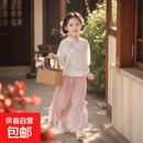 汉服女童春夏新中式唐装儿童古风长袖国风套装中秋国学童装 白+粉色套装两件套 110