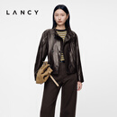 LANCY【羊皮】LANCY/朗姿2026冬新款时尚复古立领双排扣皮衣短外套女秋 深咖色 M