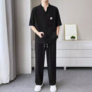 夏季新中式休闲套装男士V领宽松茶服短袖薄款皱感弹力两件套Z 灰色 2XL 【推荐体重140-160斤】
