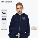 ANN ANDELMAN胶囊系列复古运动休闲拉链连帽卫衣短款宽松开衫外套 藏蓝色 M