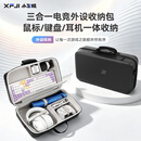 XFJI键盘鼠标收纳包头戴耳机三合一便携收纳箱机械键盘电竞耳机一体收纳客制化外设收纳盒大容量便携箱 深邃黑【三合一/六合一】PU皮送肩带