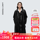朗姿翻领长款修身双排扣仿皮衣复古摩登通勤外套新款冬衣女 夜幕黑色 M