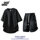 OIOIORGIOIOI ORGI美式时尚铆钉压褶解构短袖男款夏季新款宽松休闲一整套 黑色上衣+黑色短裤 M
