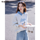 Q ZHIHE牛仔翻领字母印花卫衣女秋季2026新款宽松休闲慵懒风假两件上衣 浅灰色 S