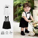 南木熊婴幼儿套装夏季男宝宝生日衣服夏款童装男童周岁礼服背带裤两件套 黑色背带两件套+领结【90cm】