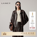 LANCY朗姿【羊皮】2025秋季新款复古廓形美拉德高级感真皮衣外套 深棕色2 L