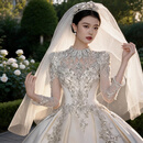 2026新款春季缎面重工主婚纱长袖高定新娘婚纱小个子大码孕妇婚礼 白色齐地款(送裙撑头纱手套) L