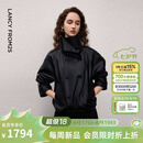 朗姿25立领双排扣廓形仿皮皮衣插肩袖黑色短外套女2026年秋季新款 黑色 S