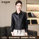 千纸鹤品牌真皮皮衣女2026秋季新款短款绵羊皮翻领长袖夹克百搭外套优雅 黑色 M （建议111-125斤）
