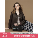 范思蓝恩通勤百搭短款下摆抽绳皮衣女2026秋新款宽松显瘦外套3157 巧克力咖 L