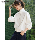 Q ZHIHE舒适半拉链卫衣外套女26秋新款休闲慵懒风立领灯笼袖廓形设计卫衣 米白色 S