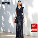爱特爱（EITIE）优雅端庄V领无袖高腰鱼尾长裙春季新款亮片包臀礼服8177810 深海蓝31 S (155)