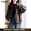 Q ZHIHE品牌真皮皮衣女2026秋季新款绵羊皮夹克机车服宽松高级感短外套 美拉德可可棕 M 建议115-130斤
