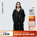 朗姿翻领长款修身双排扣仿皮衣复古摩登通勤外套新款冬衣女 夜幕黑色 S