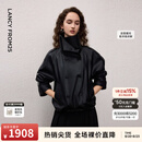 朗姿25立领双排扣廓形仿皮皮衣插肩袖黑色短外套女2026年秋季新款 黑色 S