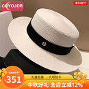 COYOJOR希遥家法式贴布平沿草帽女夏天英伦平顶礼帽日系小清新沙滩防晒遮阳帽女 白色 可调节