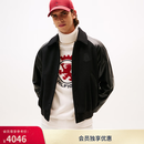 Tommy Hilfiger秋冬男女羊毛混纺牛皮拼接美式潮流宽松翻领棉服夹克外套 黑色BDS L