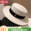 COYOJOR希遥家法式贴布平沿草帽女夏天英伦平顶礼帽日系小清新沙滩防晒遮阳帽女 白色 可调节