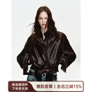 付智恩 进口油蜡羊皮短款真皮皮衣女双排扣机车夹克外套丨心动电台 黑加仑紫 M