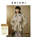 致知ZHIZHI 复古通勤经典英伦风廓形翻领短款风衣女赠腰带2026新款 米灰色 S