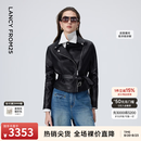 朗姿【精英衣橱】羊皮革翻领收腰短款皮衣干练率性短外套26年春季新款 黑色 S