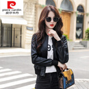 皮尔卡丹（pierre cardin）针织棒球服黑色皮衣女短款女士新款外套2025秋冬季夹克外套 黑色 M